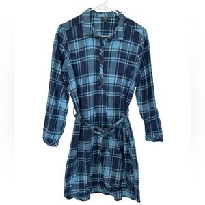 Eddie Bauer Women’s Large Long Sleeve Button Down Tie Waist Blue Plaid Dress 🩵💙